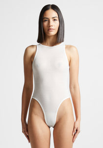 Sheer Racer Neck Bodysuit - White