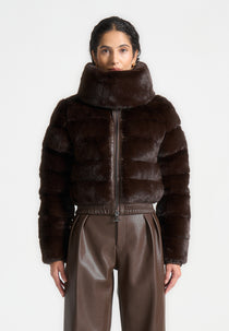Ama - Plush Ribbed Jacket with Neck Scarf - Brown