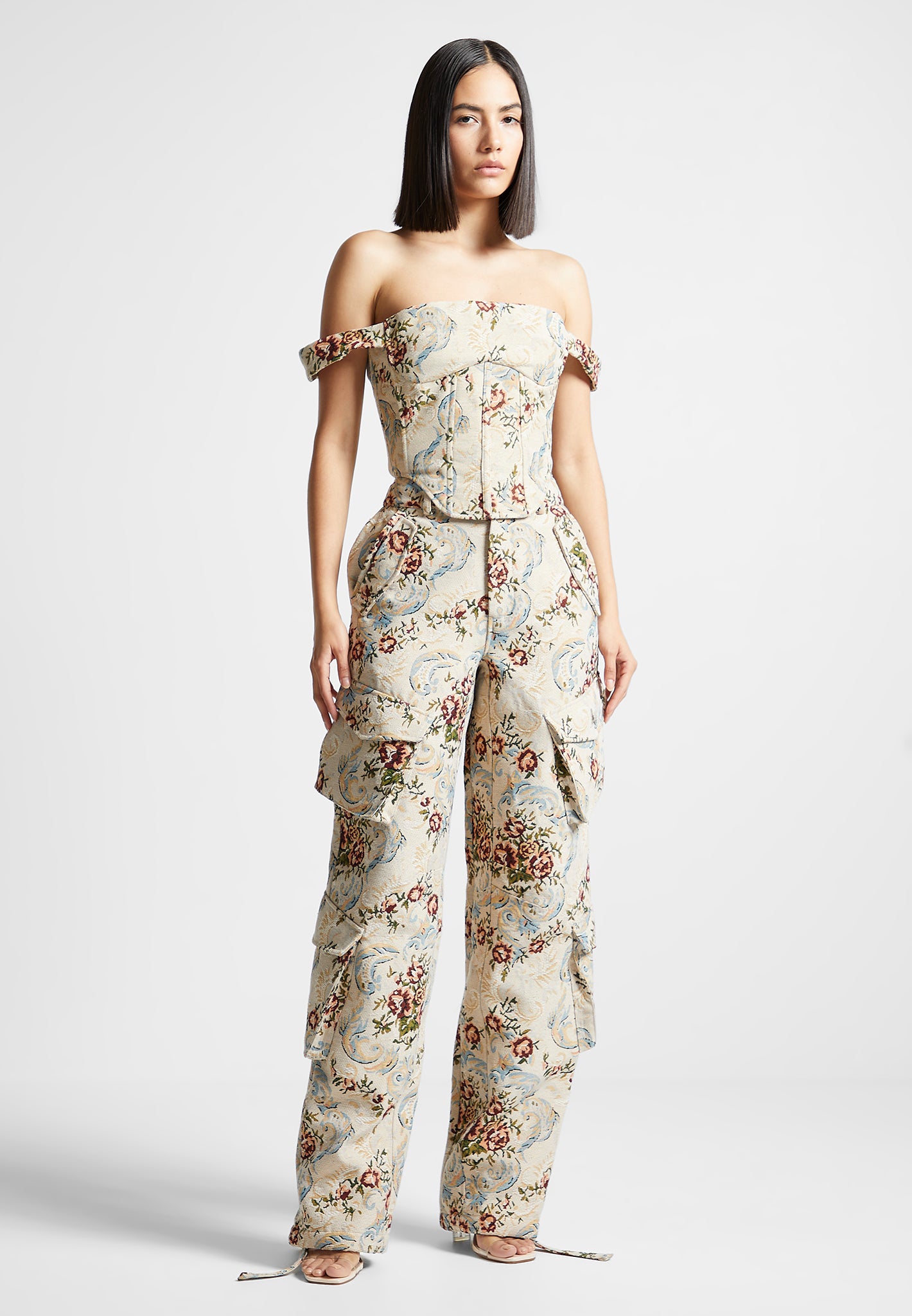 Missguided, Jacquard Floral Corset Crop Top, Cream