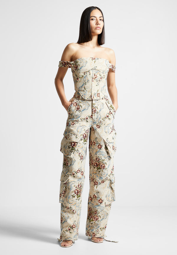 Anne - Floral Jacquard High Waisted Cargo Pants - Beige