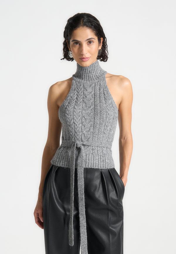 Mirim - Halter Cable Knit Wool Top with Tie - Grey