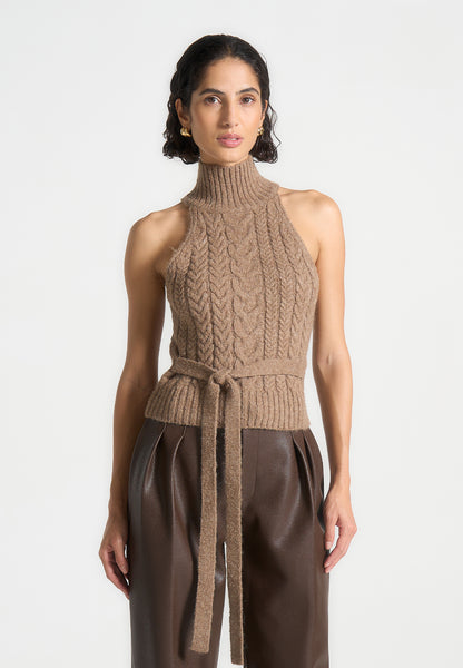 Halter Cable Knit Wool Top with Tie - Taupe | Manière De Voir Halter Cable Knit Wool Top with Tie - Taupe | Manière De Voir