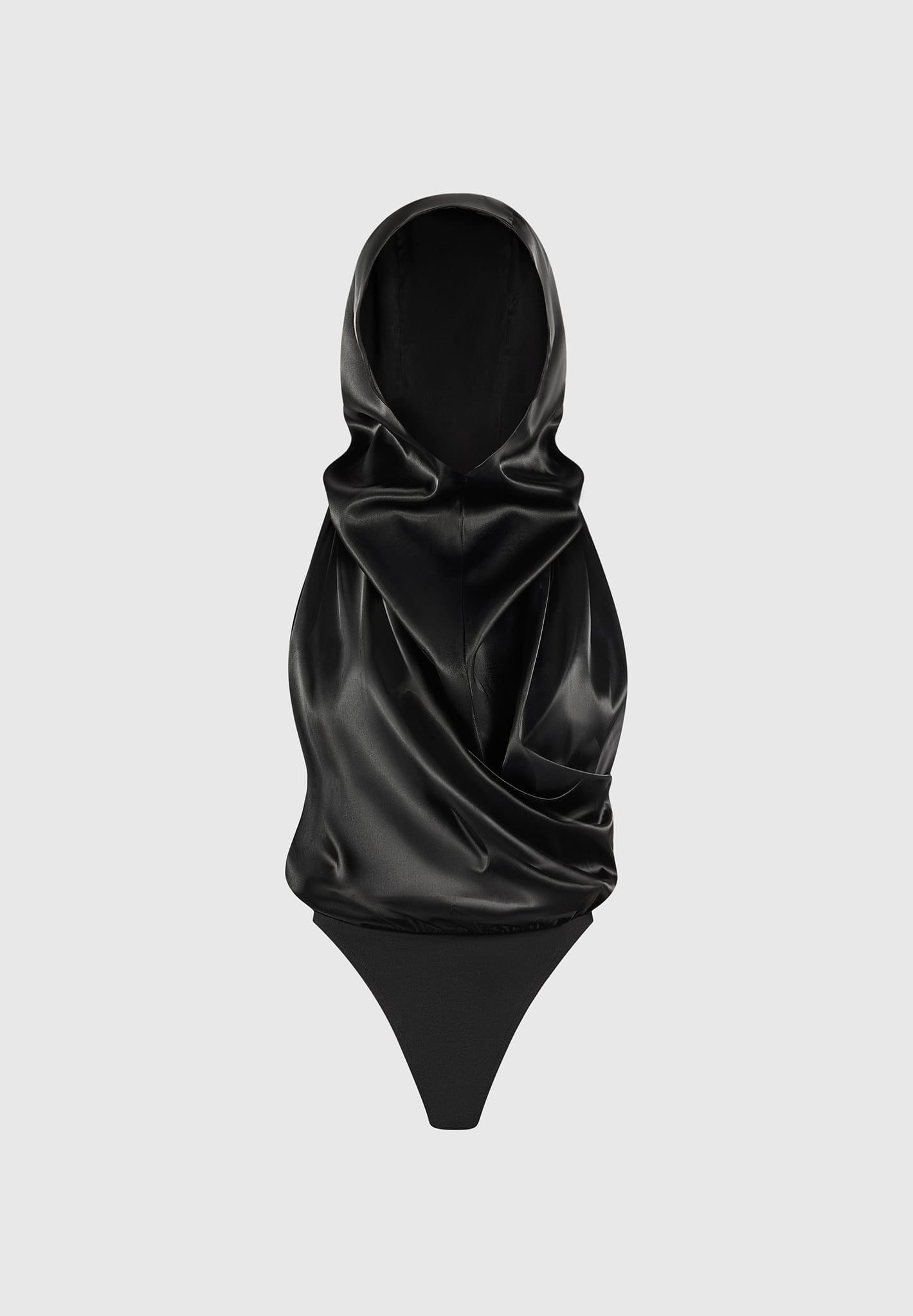 Hooded Cowl Neck Satin Wrap Bodysuit - Black