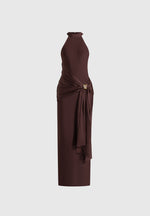 Willow - Halter Neck Clasp Detail Satin Sash Maxi Dress - Brown