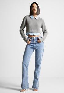 Flavie - Knitted Jumper with Shirt Detail - Blue/Grey
