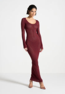 Knitted Scoop Neck Maxi Dress - Wine Red