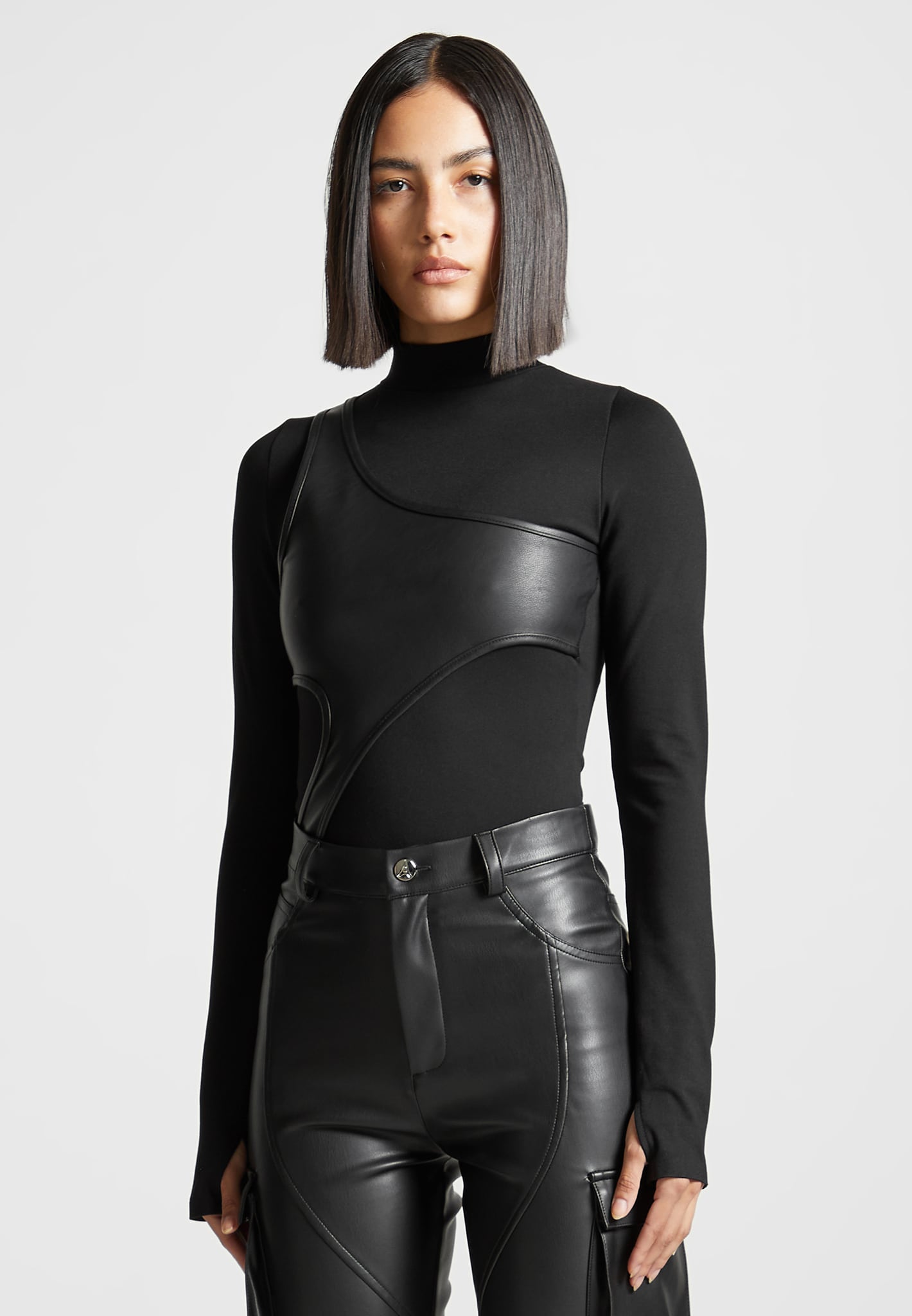 Leather Overlay High Neck Bodysuit - Black