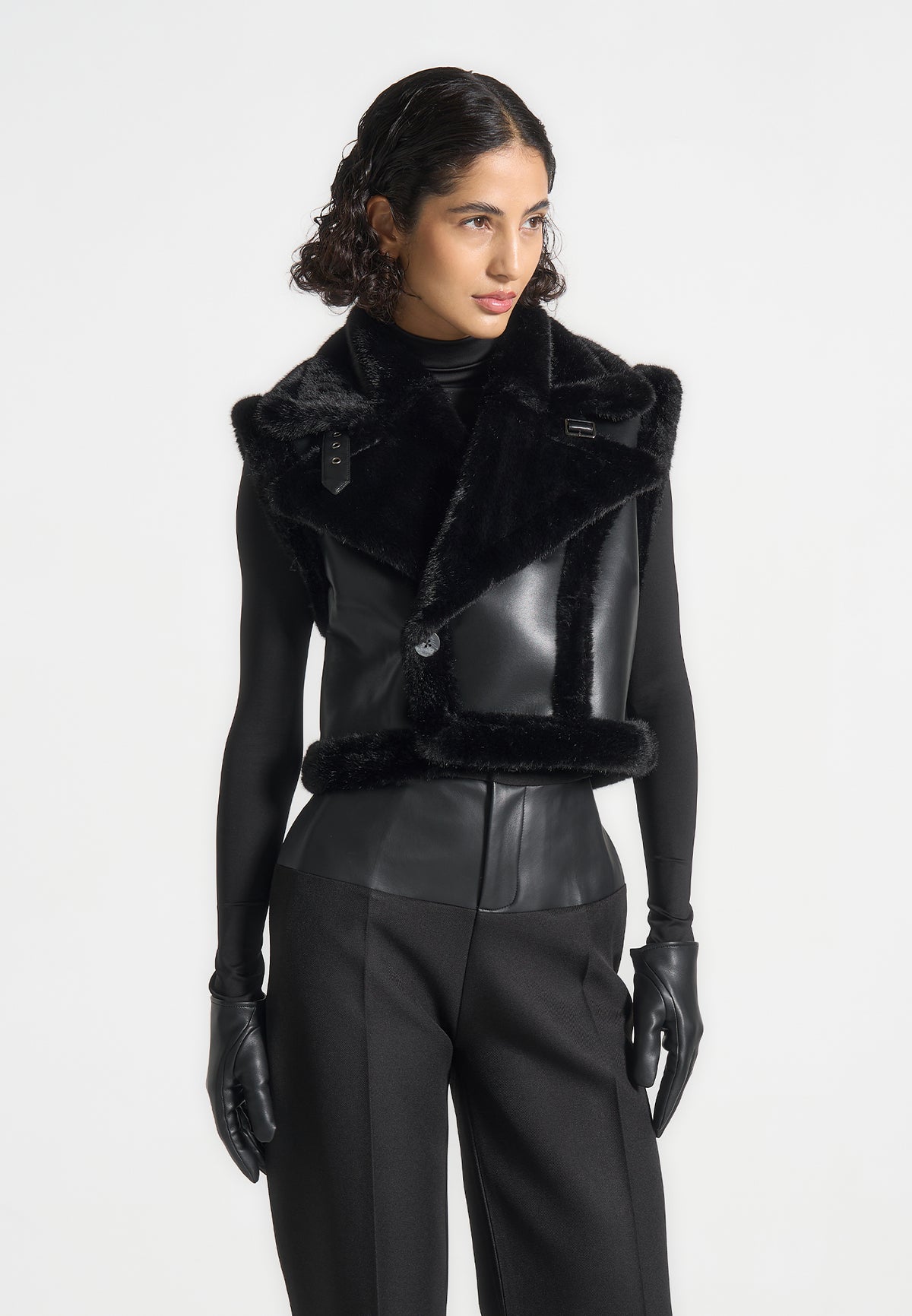 Kena - Leather & Plush 2-in-1 Gilet Jacket - Black