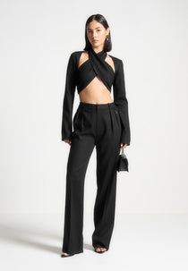 Wendy - Linen Crossover Bolero Top - Black