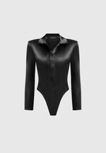Louise - Wide Shoulder Satin Shirt Bodysuit - Black