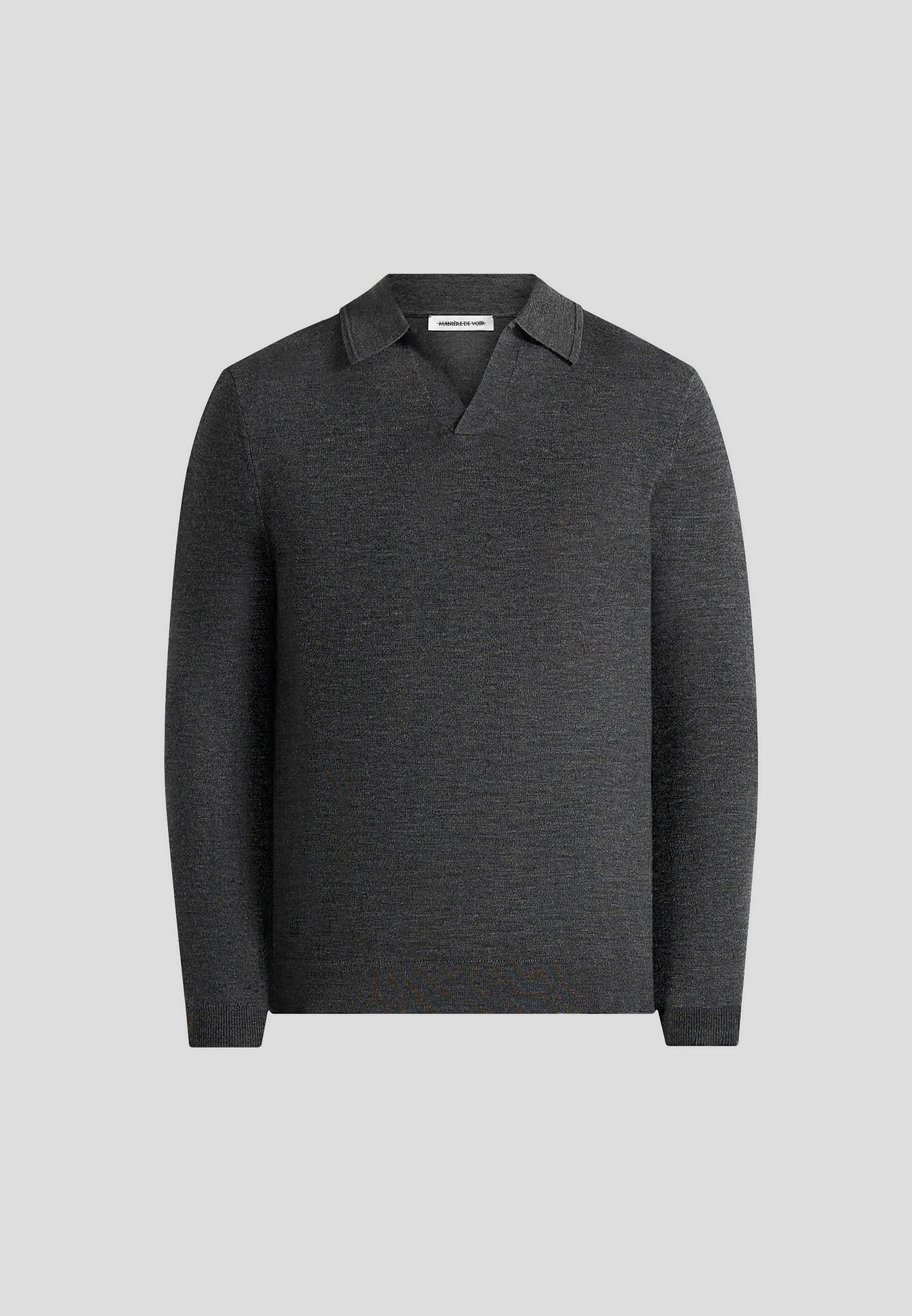 Merino Wool Long Sleeve Revere Polo Shirt - Grey