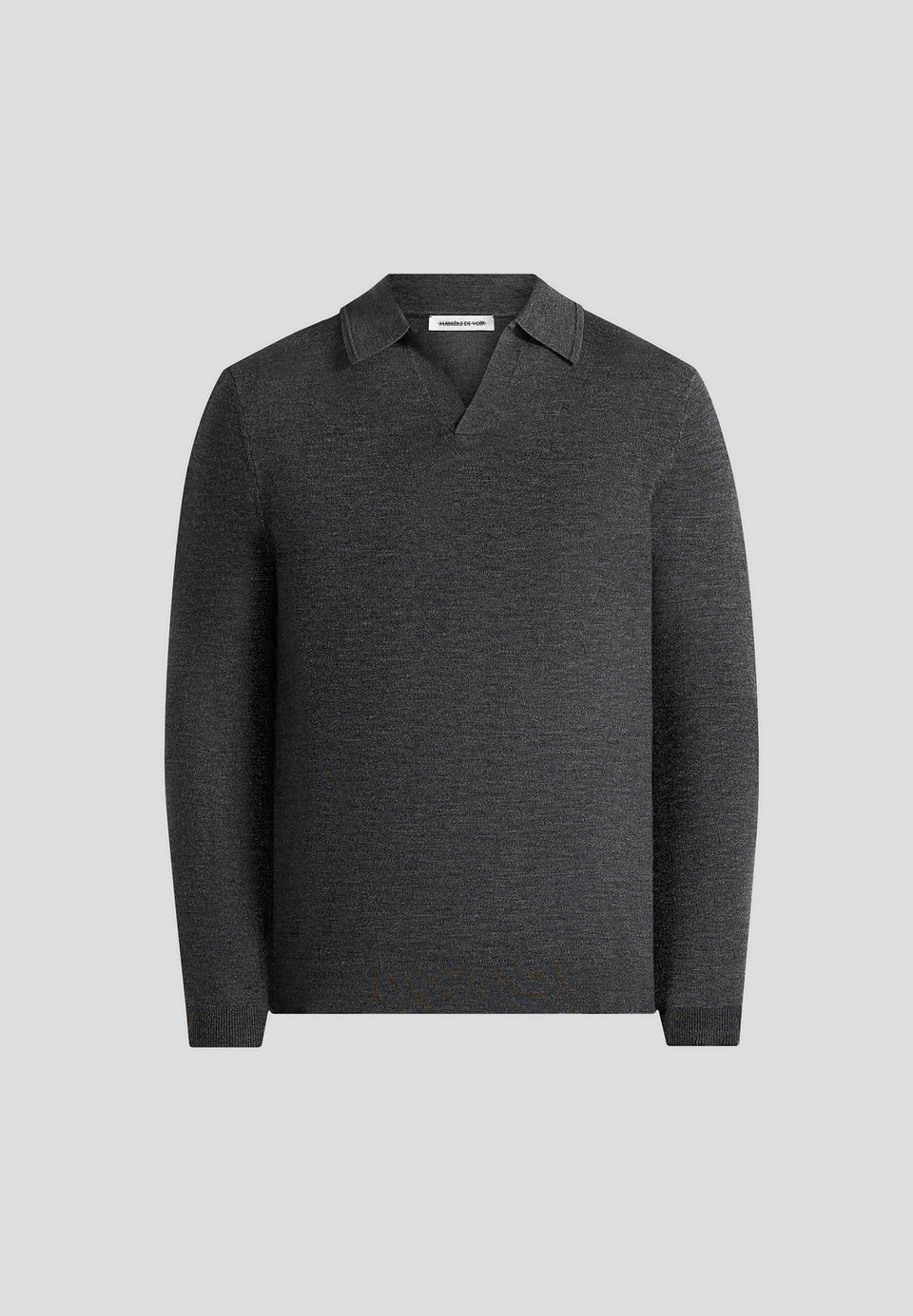 Merino Wool Long Sleeve Revere Polo Shirt - Grey