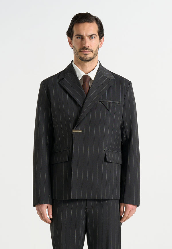 Gaston - Double Breasted Pinstripe Suit Jacket - Grey