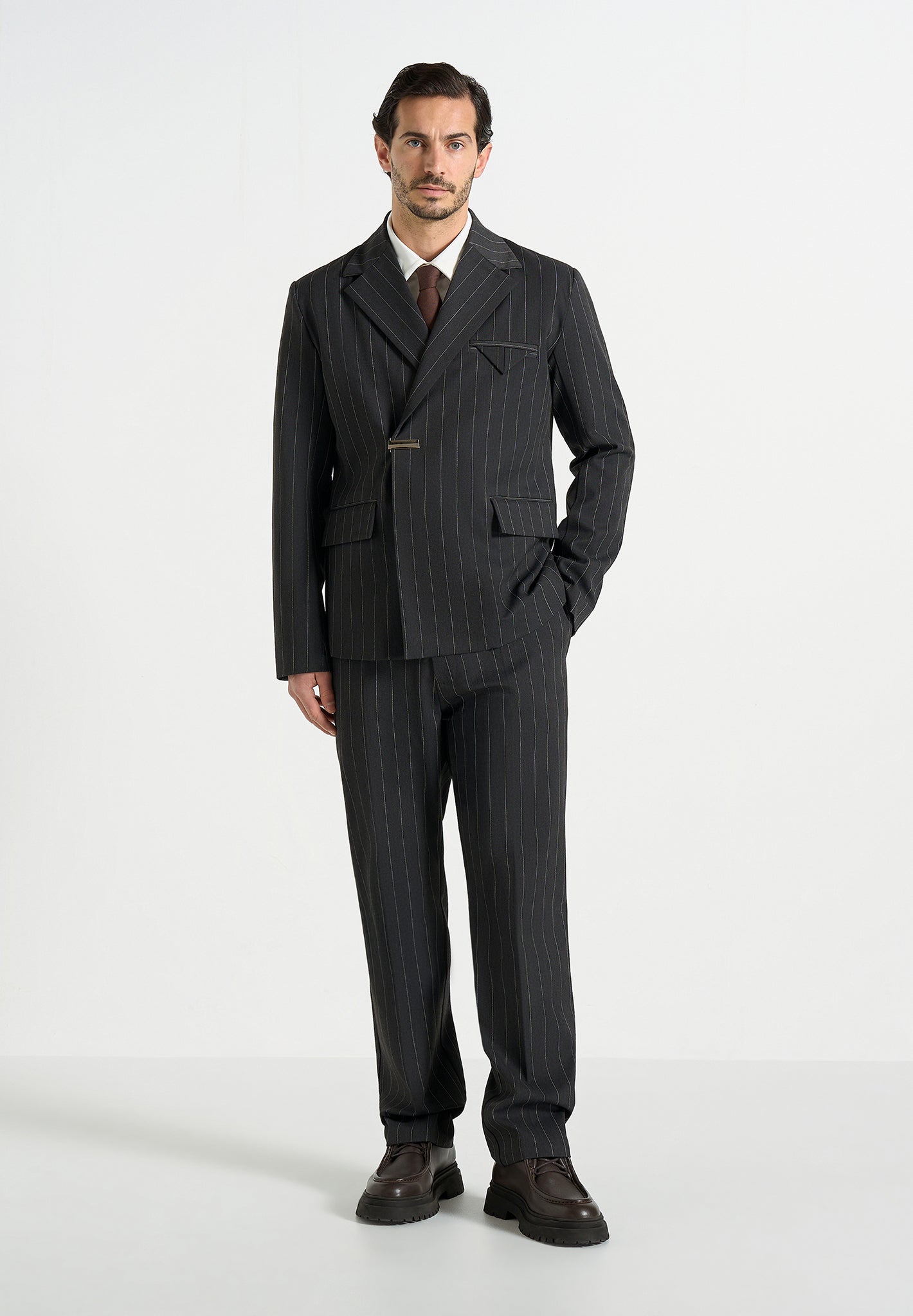 Gaston - Double Breasted Pinstripe Suit Jacket - Grey 