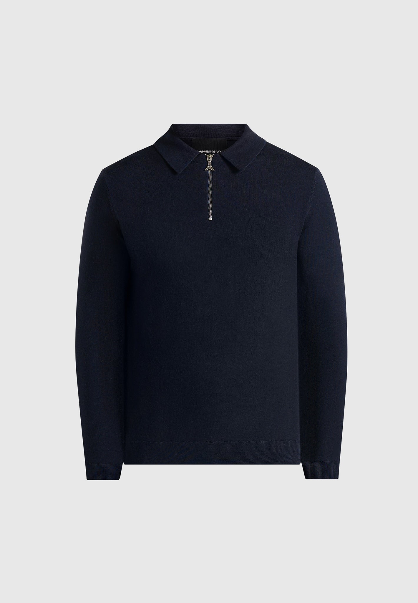 Merino Wool Long Sleeve Polo Top With Zip - Navy