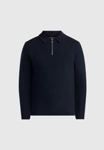Merino Wool Long Sleeve Polo Top With Zip - Navy