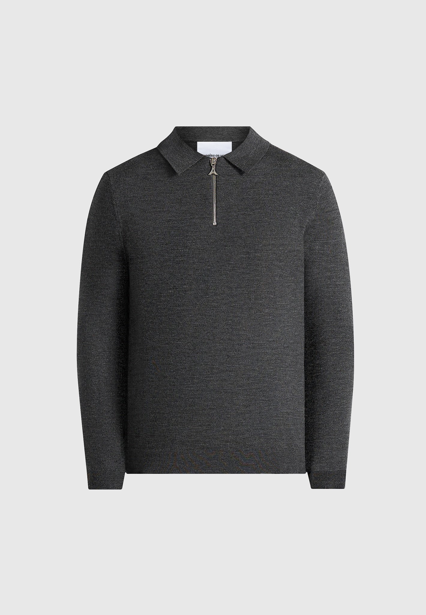 Merino Wool Long Sleeve Polo Top With Zip - Marl Grey