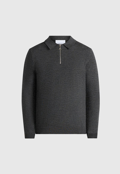 Merino Wool Long Sleeve Polo Top With Zip - Marl Grey