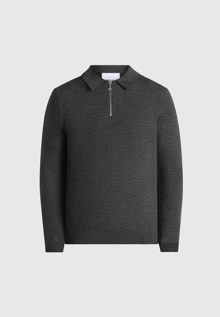 Merino Wool Long Sleeve Polo Top With Zip - Marl Grey