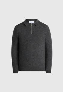 Merino Wool Long Sleeve Polo Top With Zip - Marl Grey