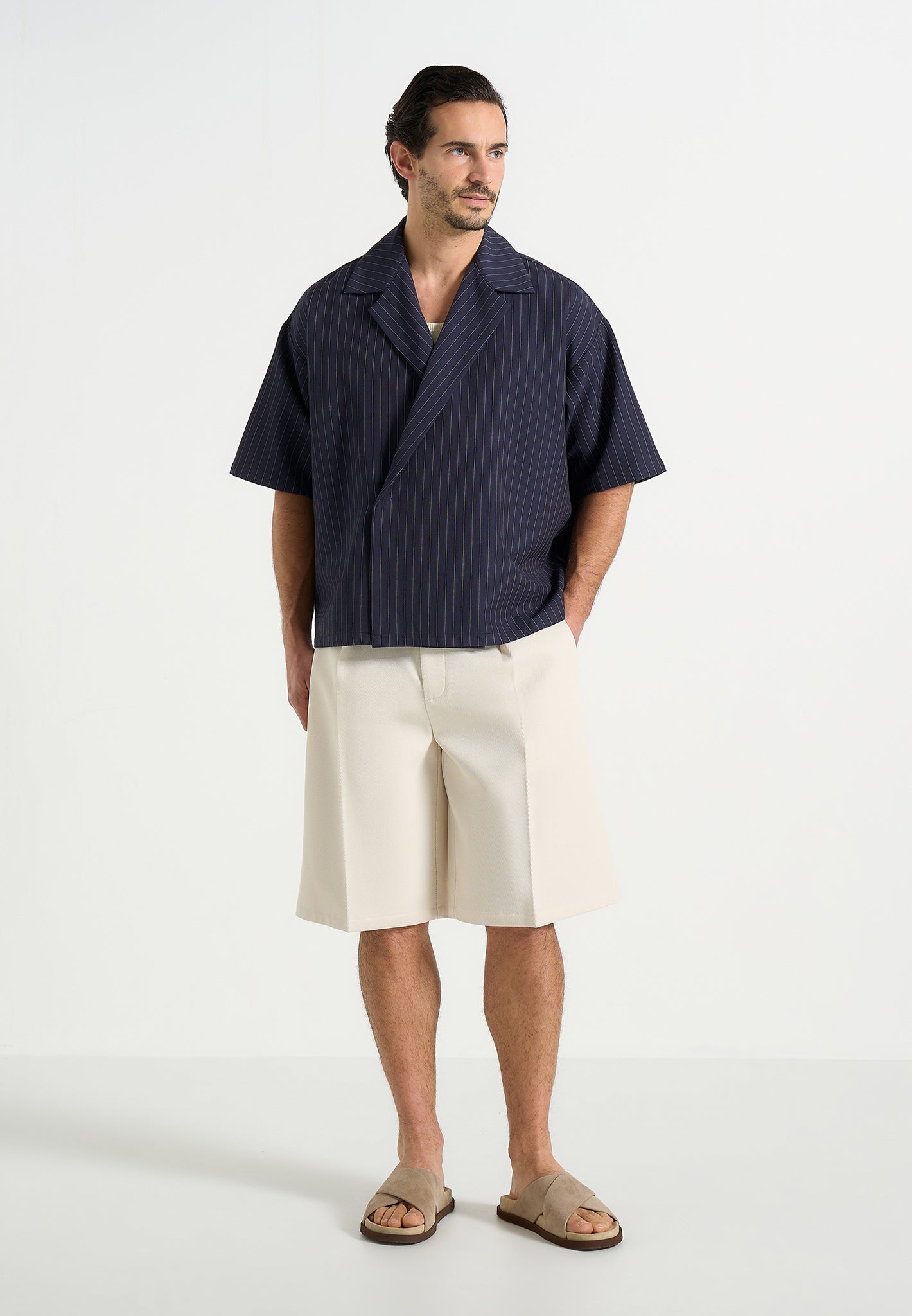 Abel - Boxy Pinstripe Double Breasted Shirt - Navy