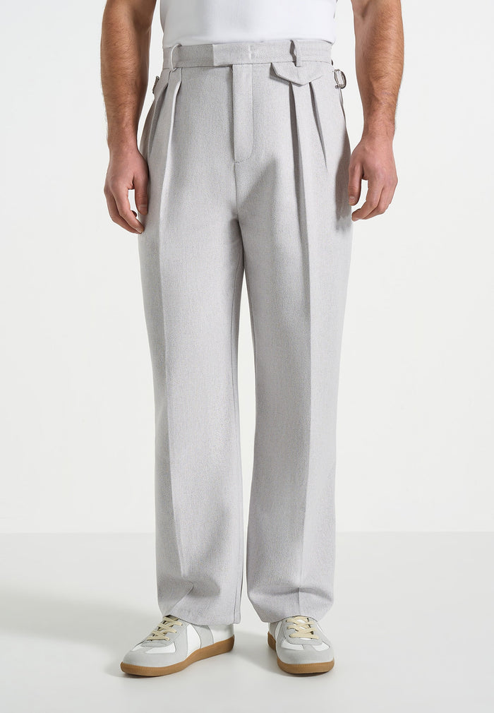 Pierre - Relaxed Fit Textured Pleated Tailored Trousers - Light Grey