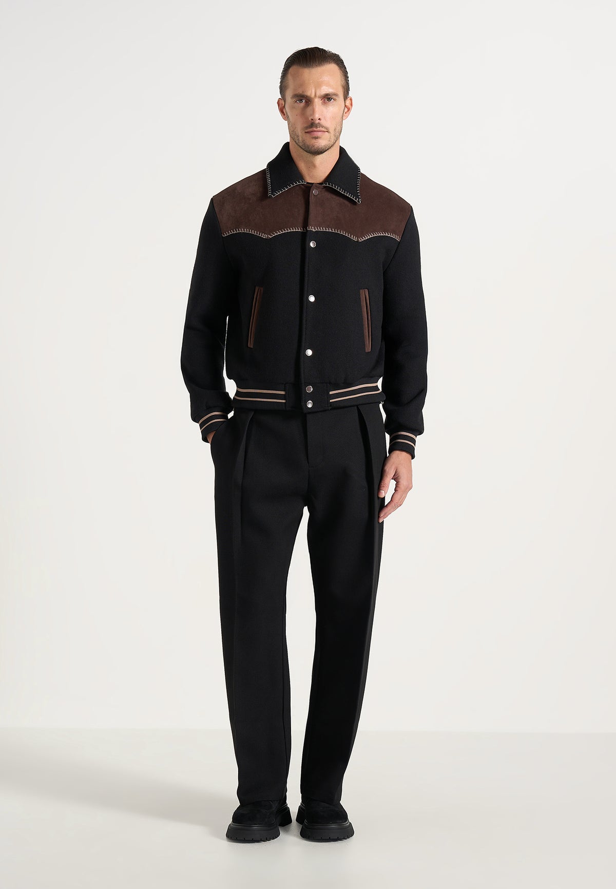 Suede and Wool-Blend Whipstitch Varsity Jacket - Black/Brown