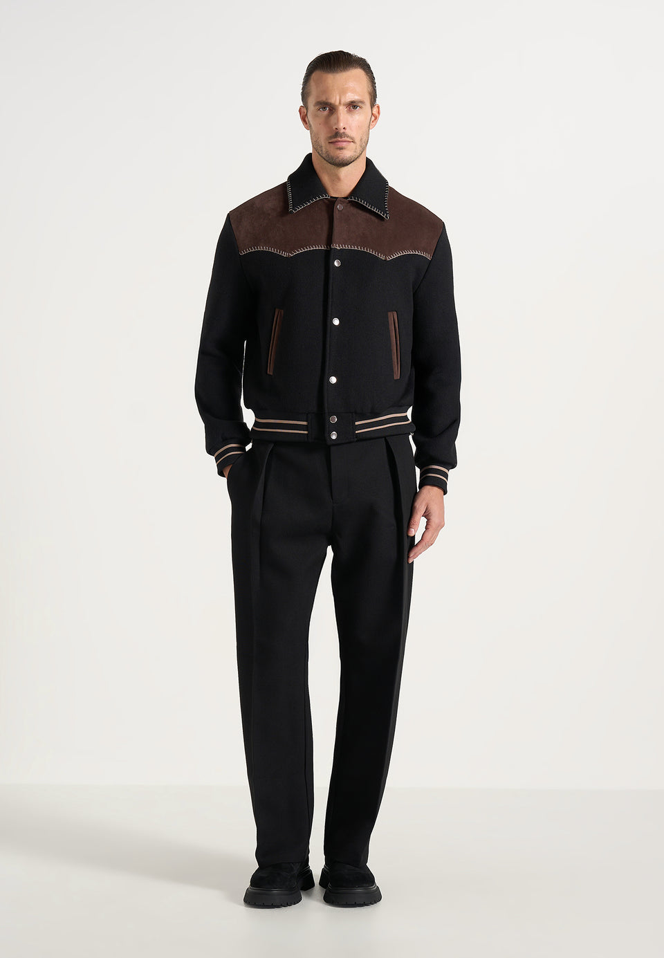 Suede and Wool-Blend Whipstitch Varsity Jacket - Black/Brown