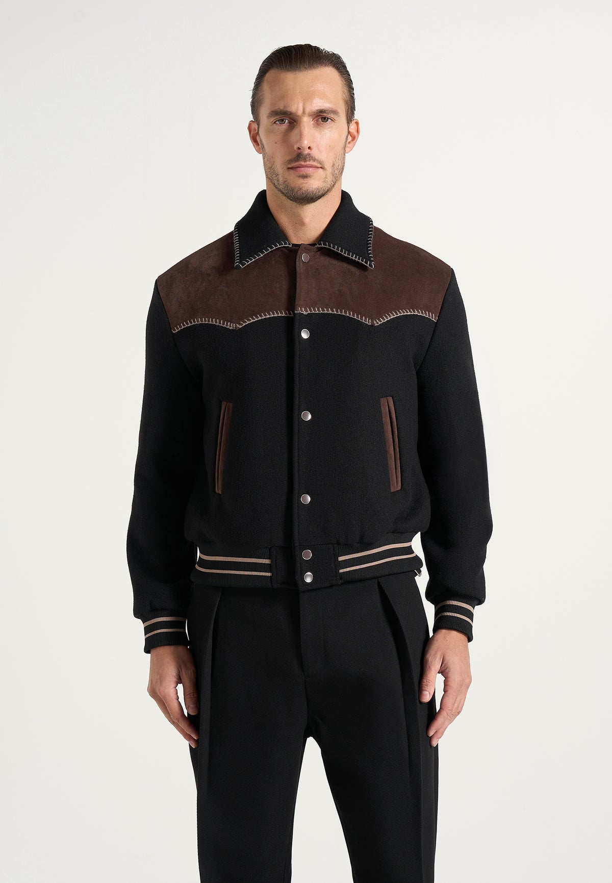 Suede and Wool-Blend Whipstitch Varsity Jacket - Black/Brown
