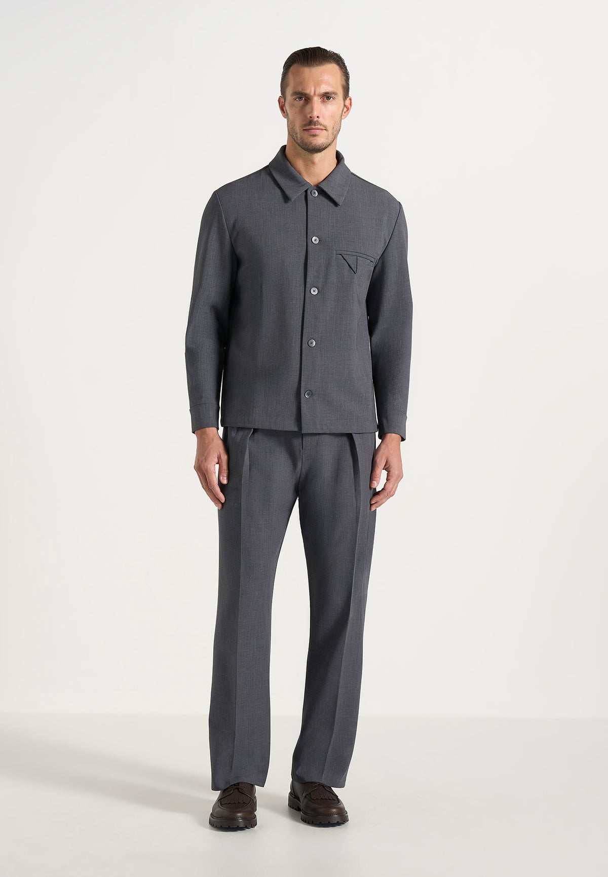 Leo - Hatched Tailored Wool-Blend Overshirt - Grey