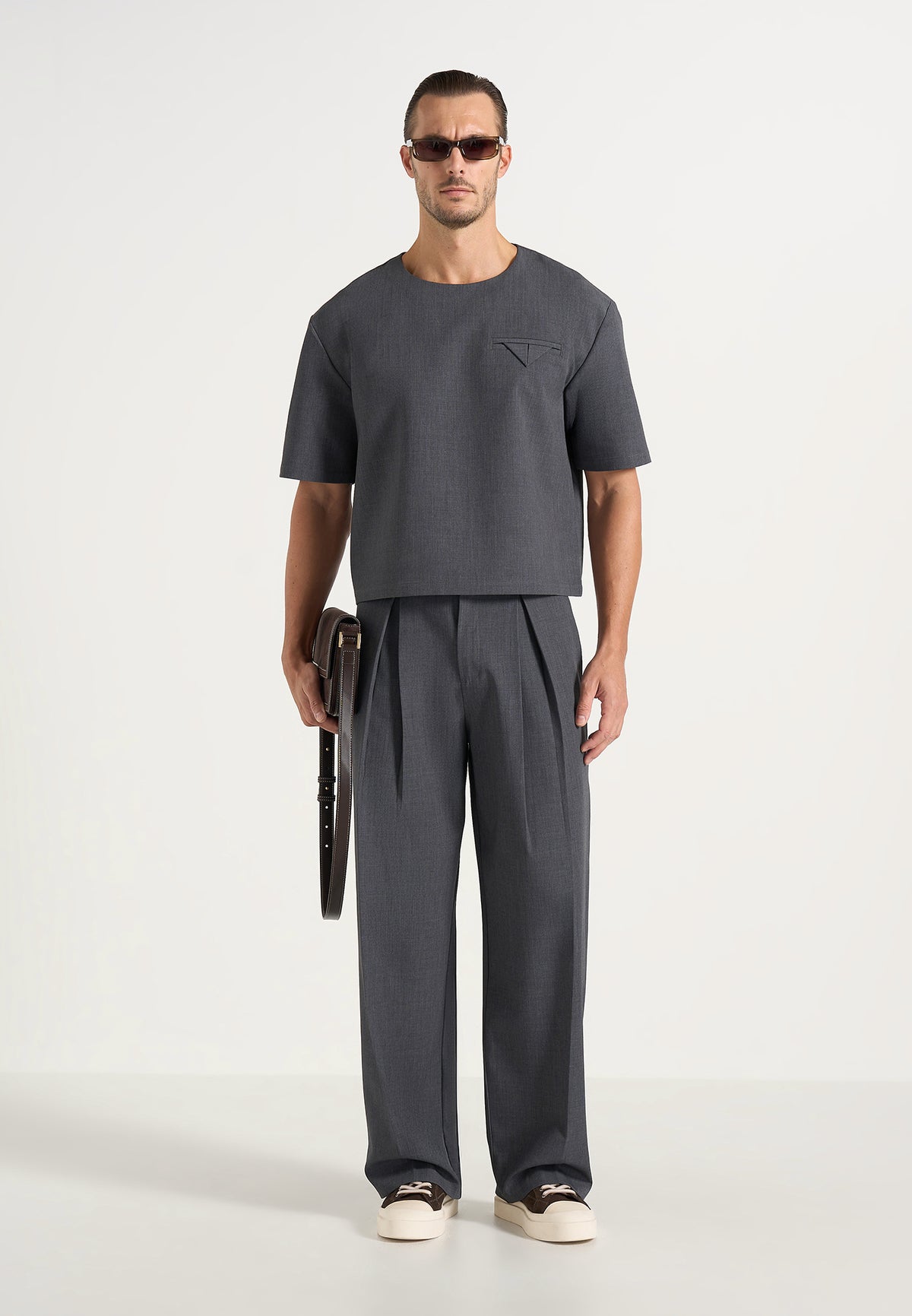 Leon - Boxy Cropped Hatched Wool-Blend T-Shirt - Grey