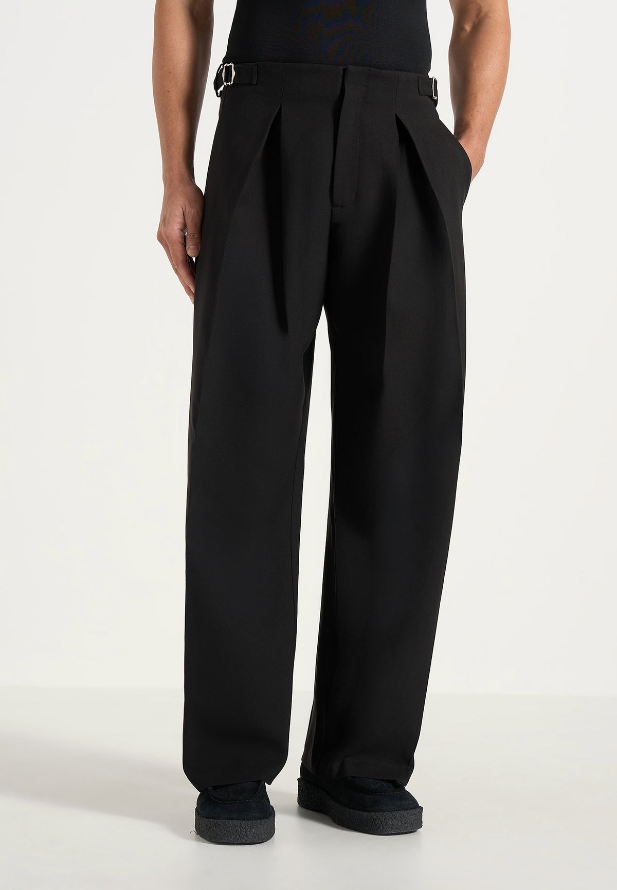 Lior - Box Pleat Wide Leg Wool-Blend Trousers - Black
