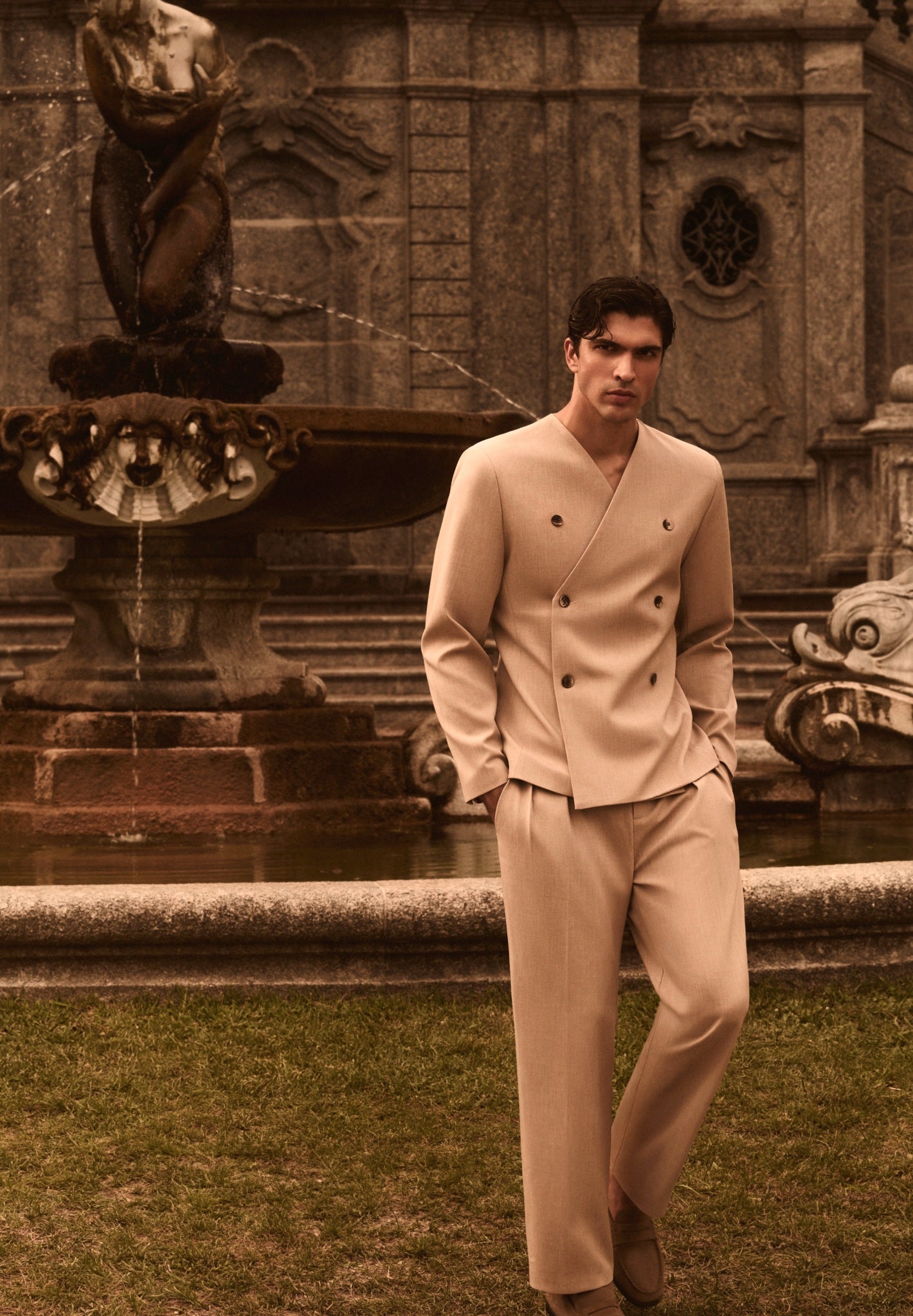 Pierre - Twin Pleat Tailored Trousers - Beige
