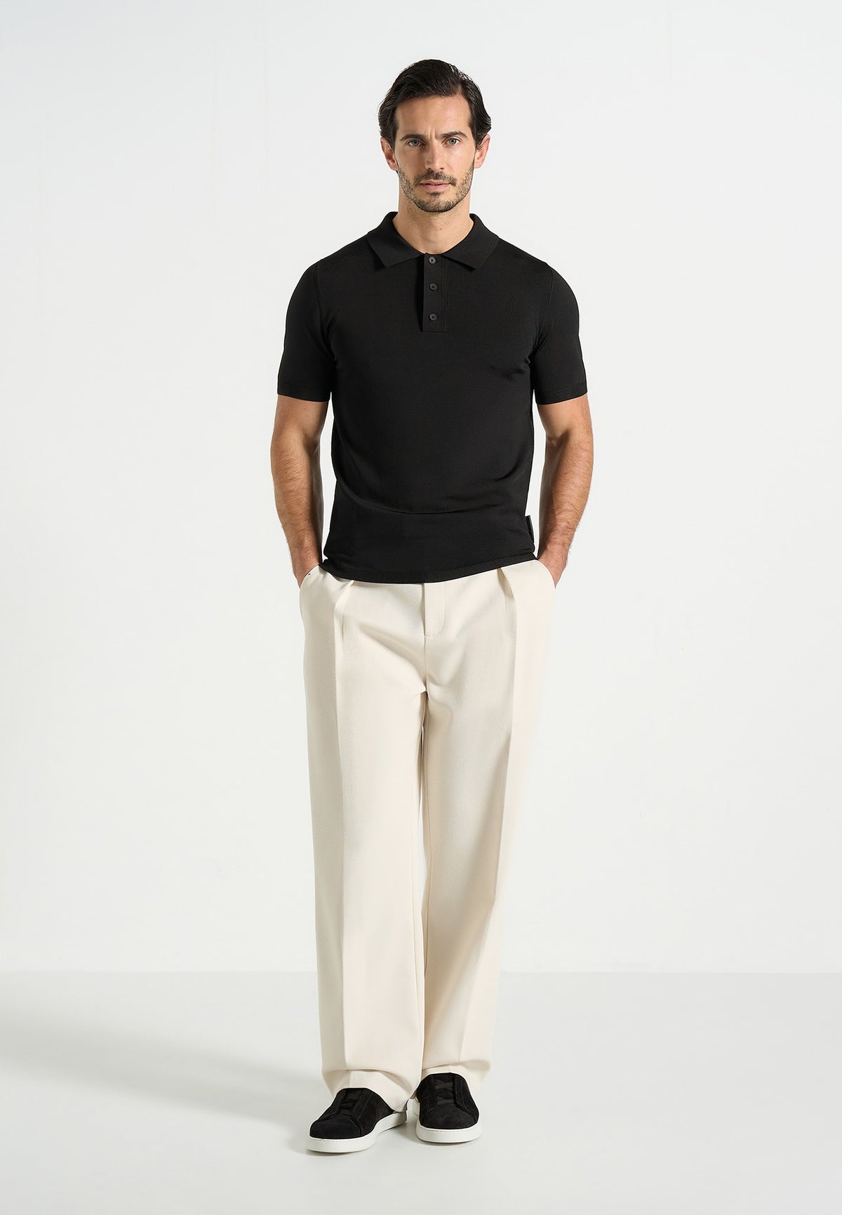 PL001 - Luxe Knitted Polo Top - Black