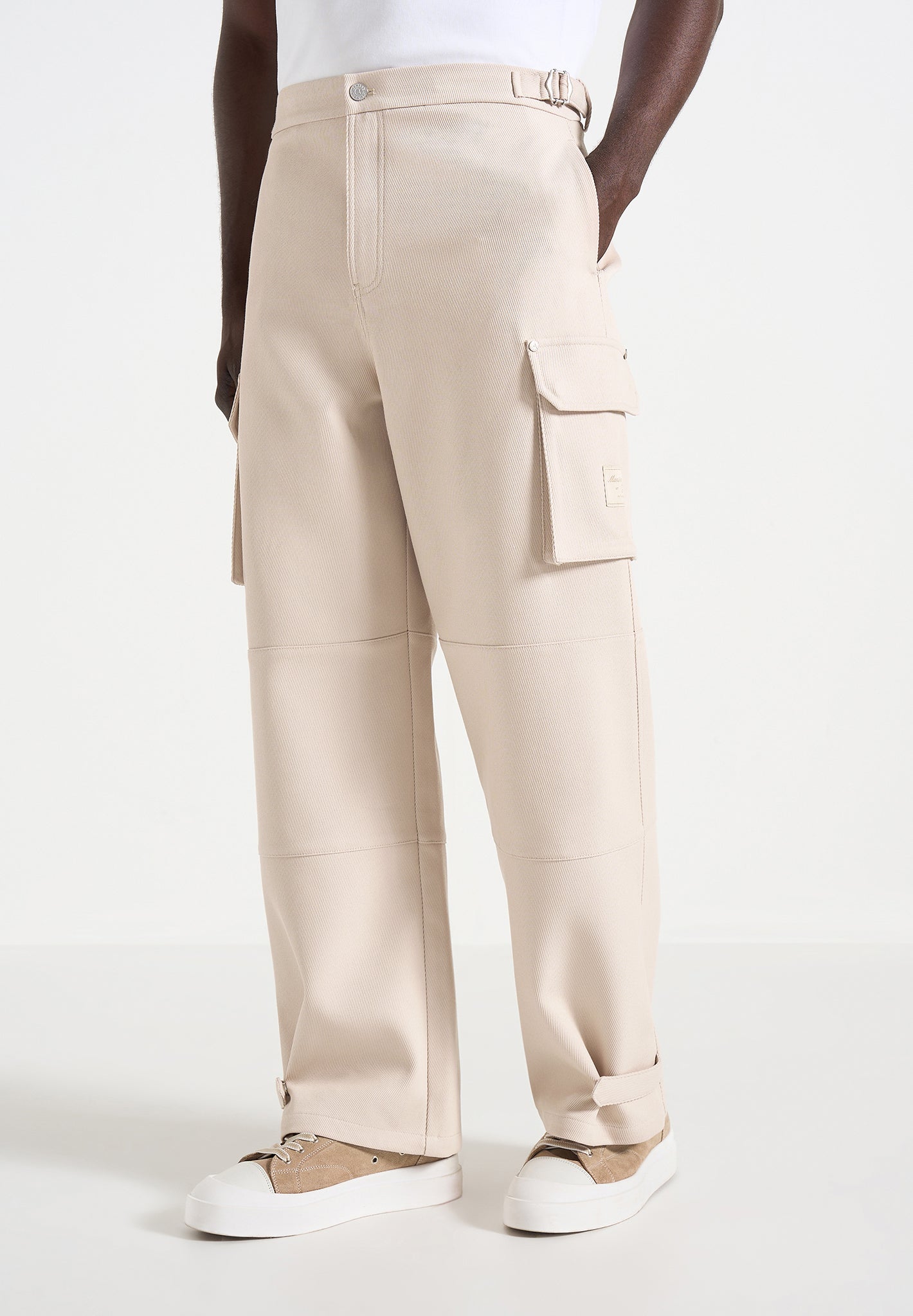 Mathis - Twill Signature Wide Leg Cargo Trousers - Beige 