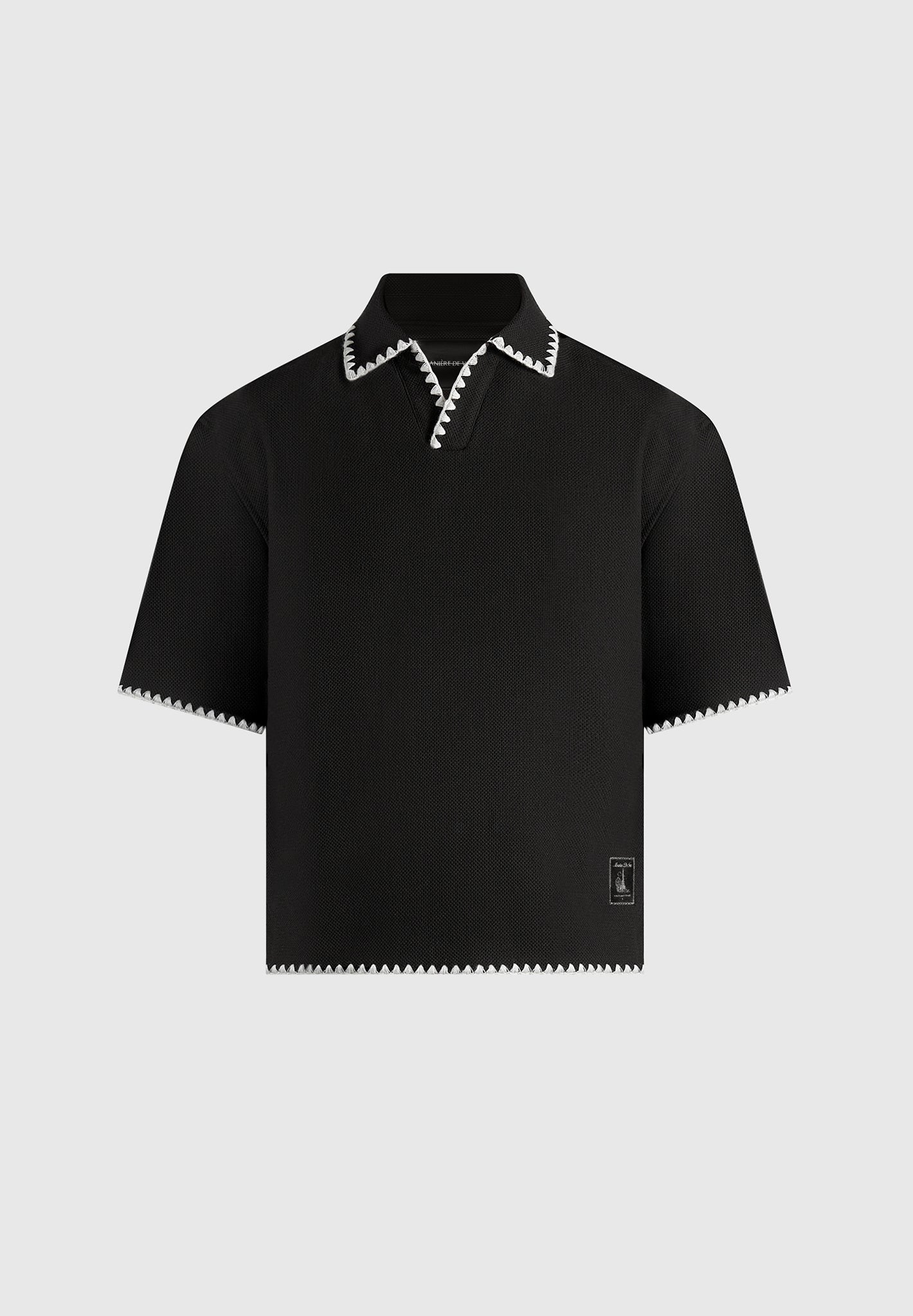 Lenny - Boxy Polo Shirt With Whipstitch Detail - Black