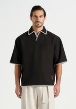 Lenny - Boxy Polo Shirt With Whipstitch Detail - Black