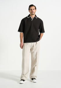 Lenny - Boxy Polo Shirt With Whipstitch Detail - Black