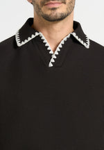 Lenny - Boxy Polo Shirt With Whipstitch Detail - Black