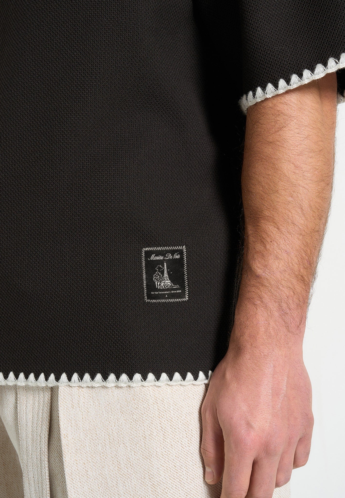 Lenny - Boxy Polo Shirt With Whipstitch Detail - Black