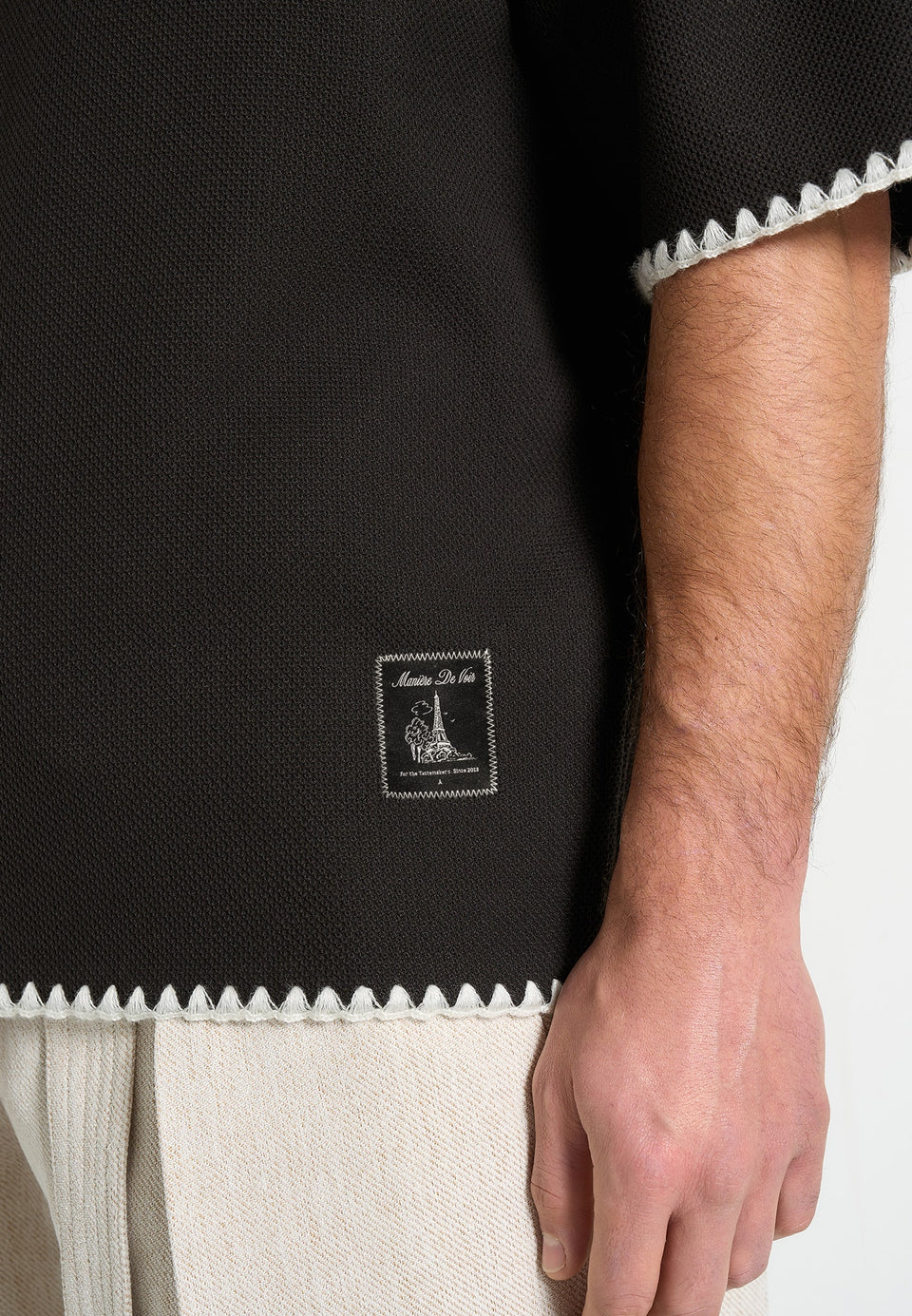Lenny - Boxy Polo Shirt With Whipstitch Detail - Black