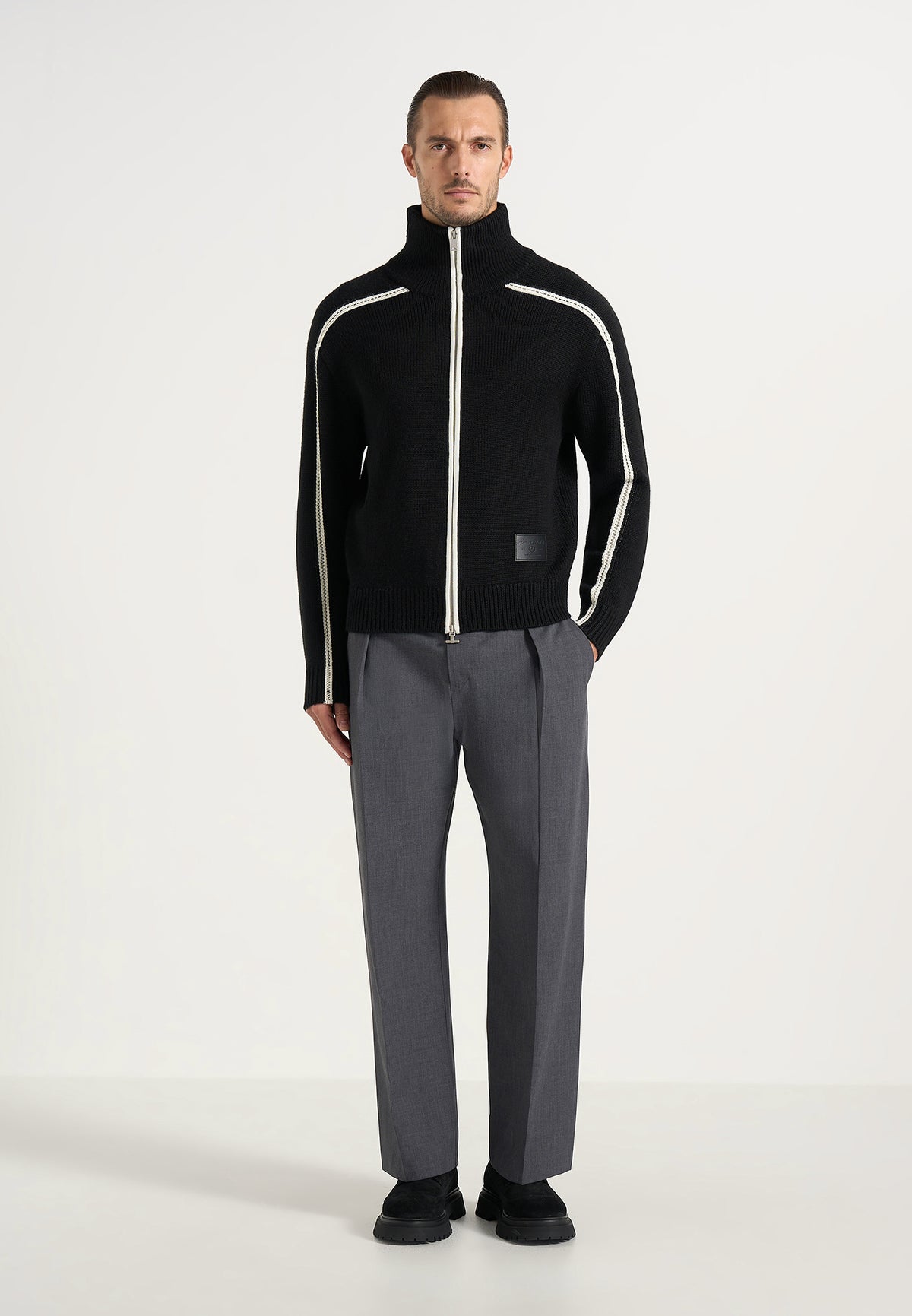 Malo - Contrast Piped Wool-Blend Zip-Through Cardigan - Black