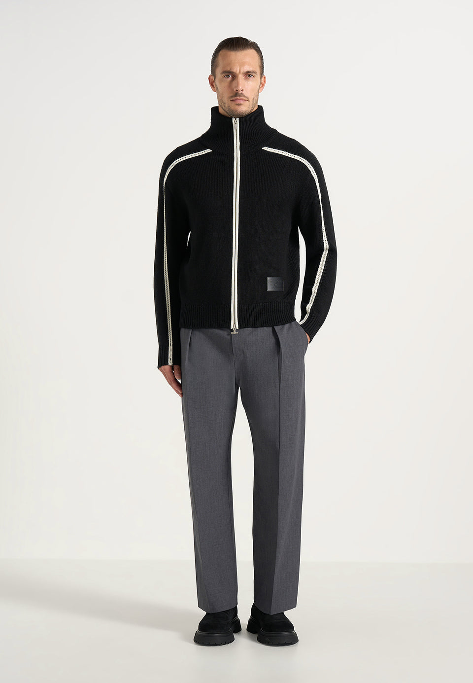 Malo - Contrast Piped Wool-Blend Zip-Through Cardigan - Black