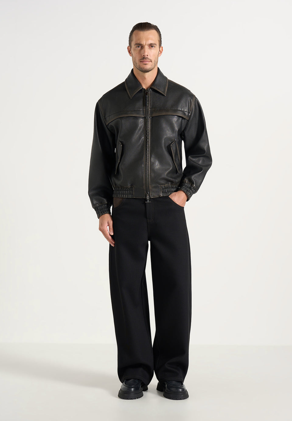 Clint - Vintage Leather Bomber Jacket - Black