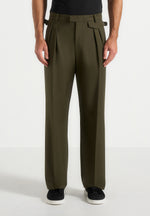 Pierre - Relaxed Fit Pleated Tailored Trousers - Olive