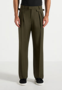 Pierre - Relaxed Fit Pleated Tailored Trousers - Olive