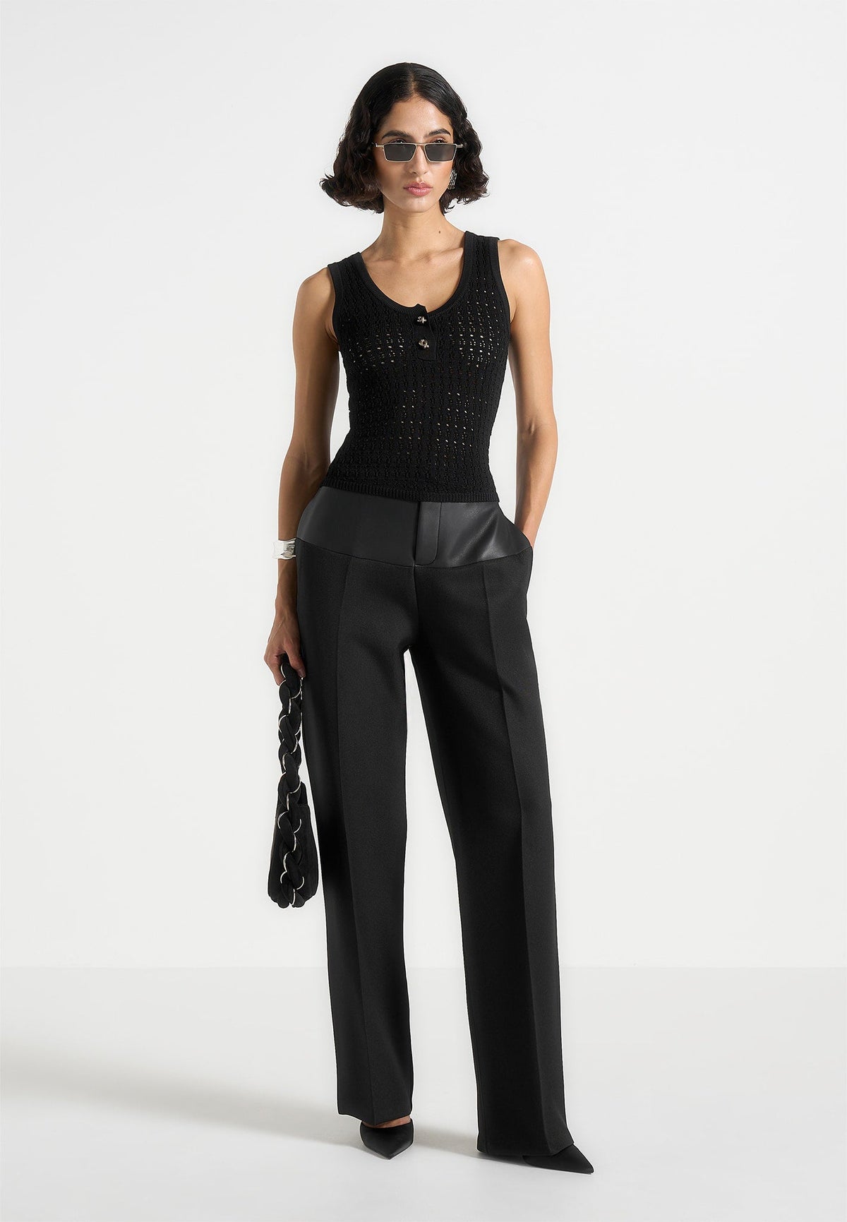 Nora - Pointelle Knitted Vest with Knot Button - Black