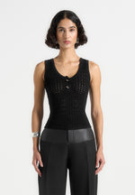 Nora - Pointelle Knitted Vest with Knot Button - Black