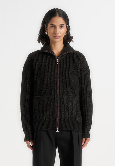 Jamie - Unisex Speckled Wool Zip Through Jacket - Black