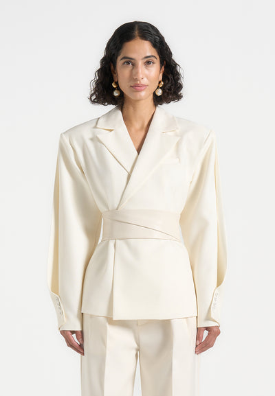 Marie - Twist Sleeve Tailored Blazer with Belt - Cream